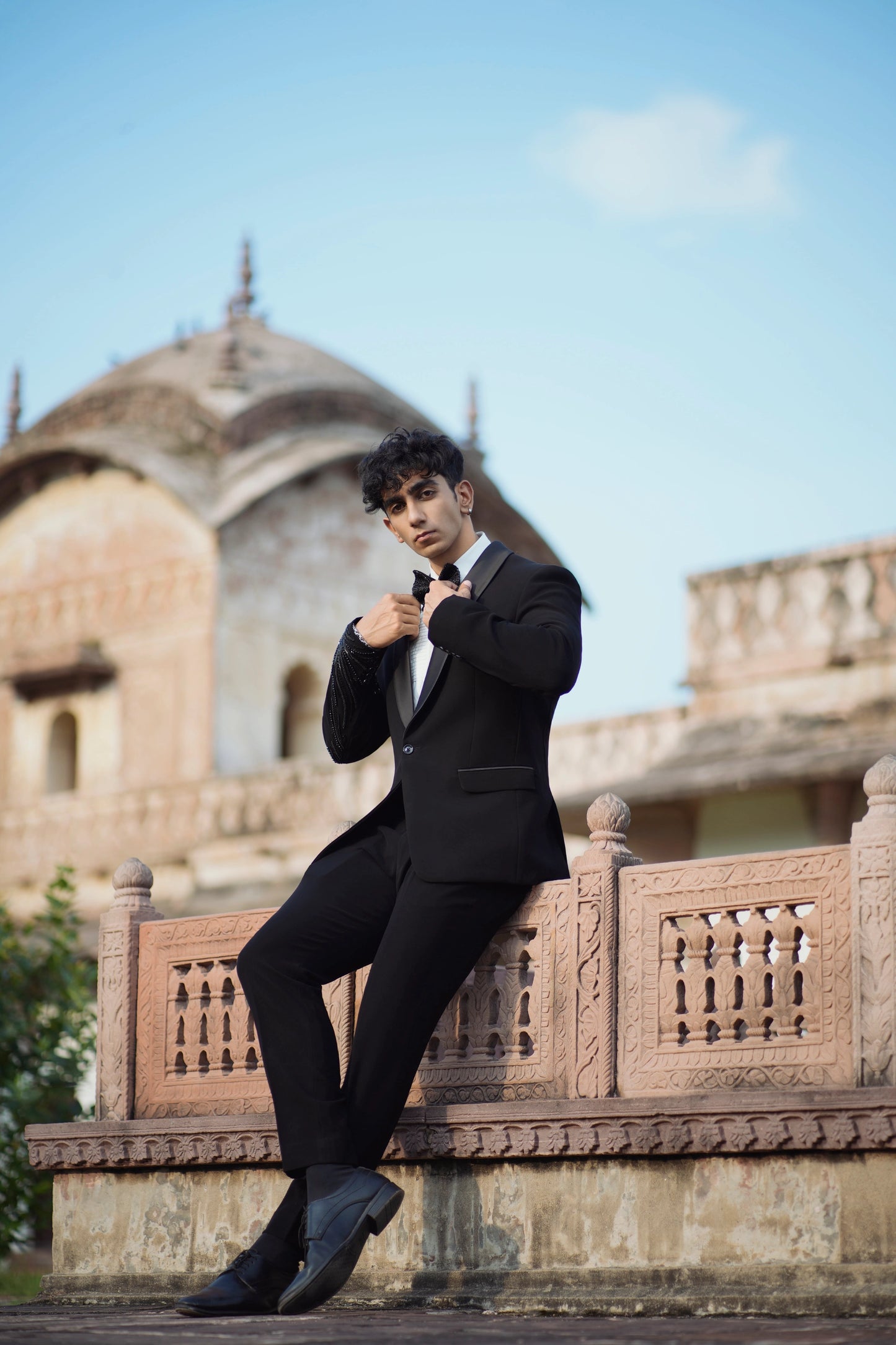 Designer Lion Embroidered Tuxedo Featuring Cutdana Work, Paired with Black Bottoms