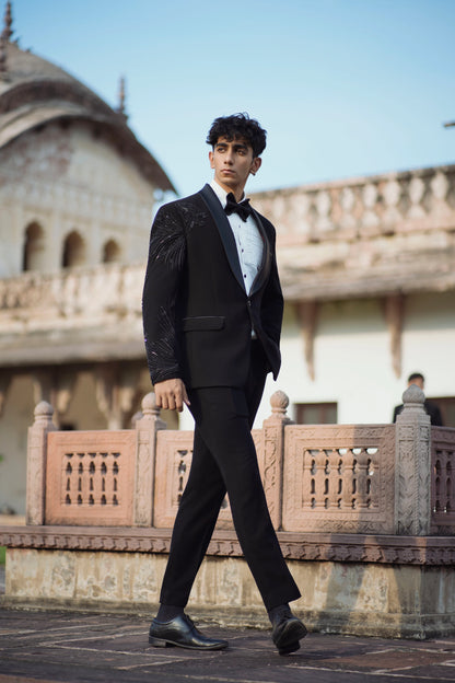 Designer Lion Embroidered Tuxedo Featuring Cutdana Work, Paired with Black Bottoms