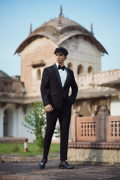 Designer Lion Embroidered Tuxedo Featuring Cutdana Work, Paired with Black Bottoms
