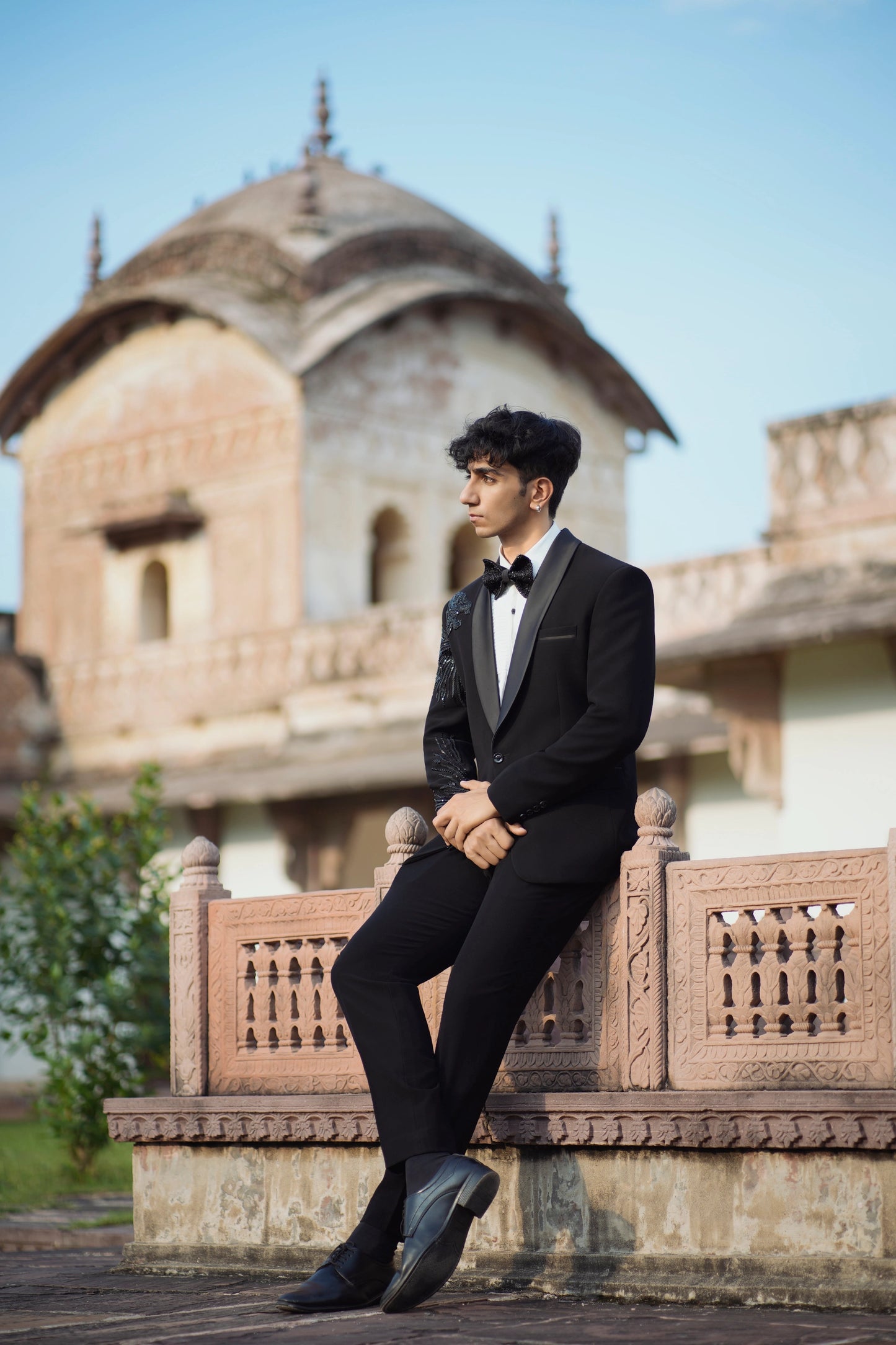 Designer Lion Embroidered Tuxedo Featuring Cutdana Work, Paired with Black Bottoms