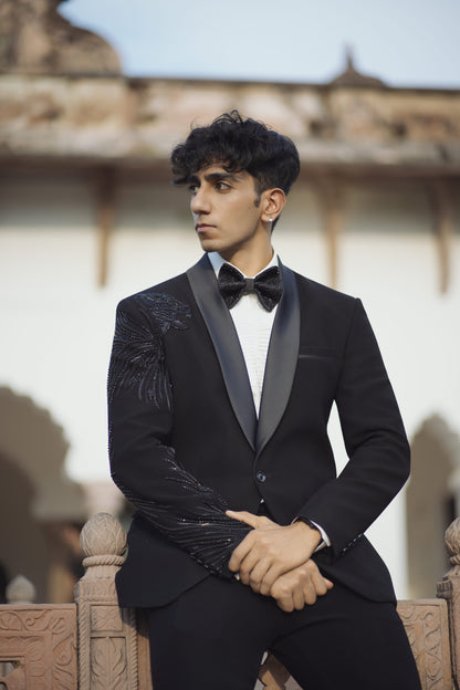 Designer Lion Embroidered Tuxedo Featuring Cutdana Work, Paired with Black Bottoms