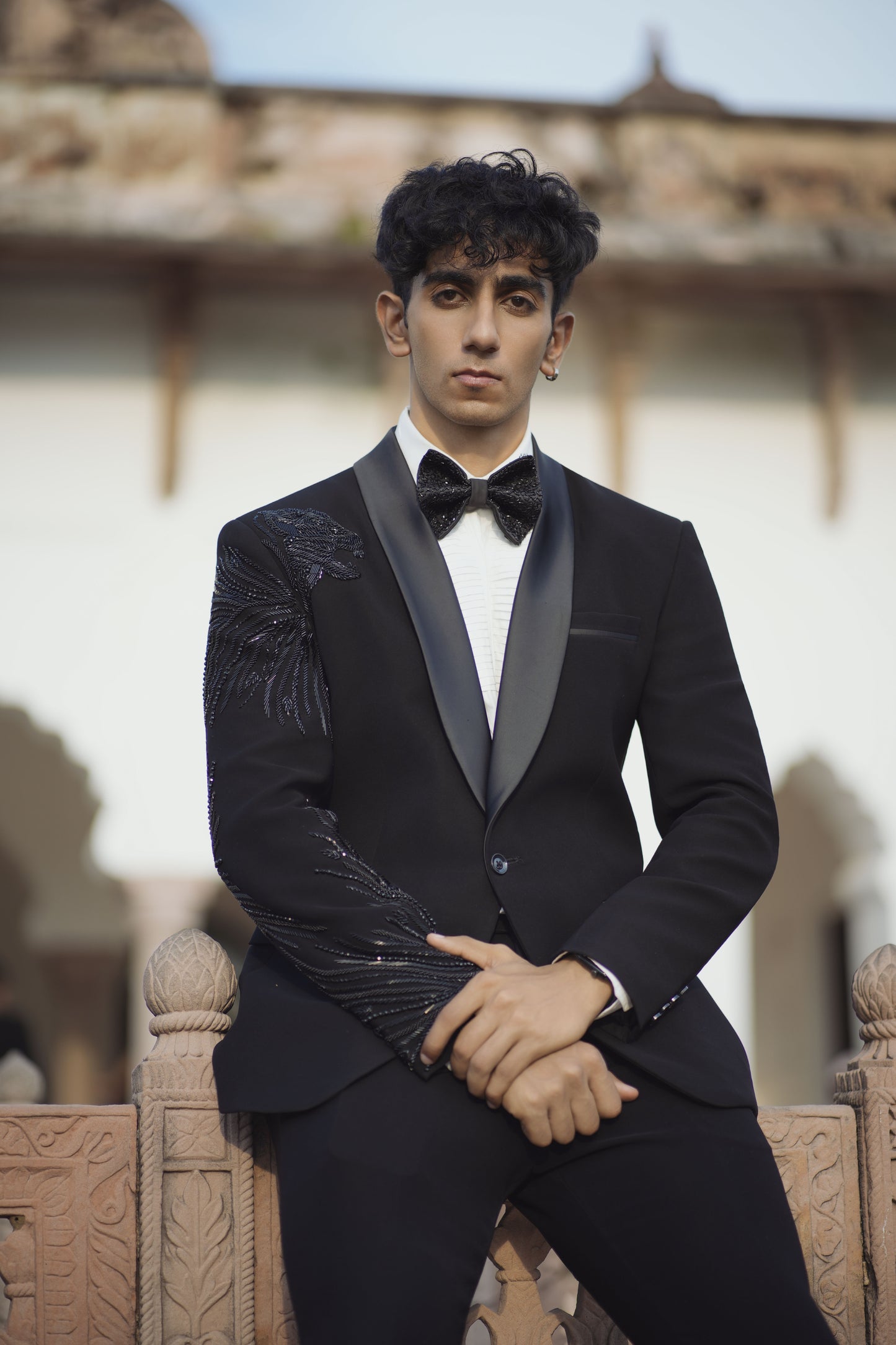 Designer Lion Embroidered Tuxedo Featuring Cutdana Work, Paired with Black Bottoms