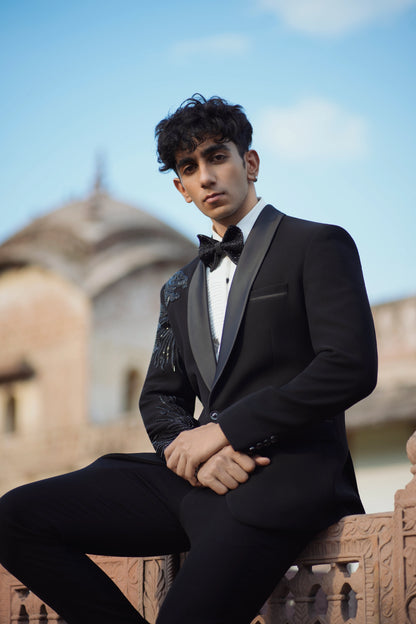 Designer Lion Embroidered Tuxedo Featuring Cutdana Work, Paired with Black Bottoms