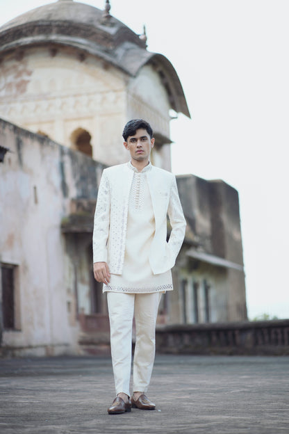 Ivory Mirror Work Shrug Set Paired with Matching Short Kurta and Tapered Pants