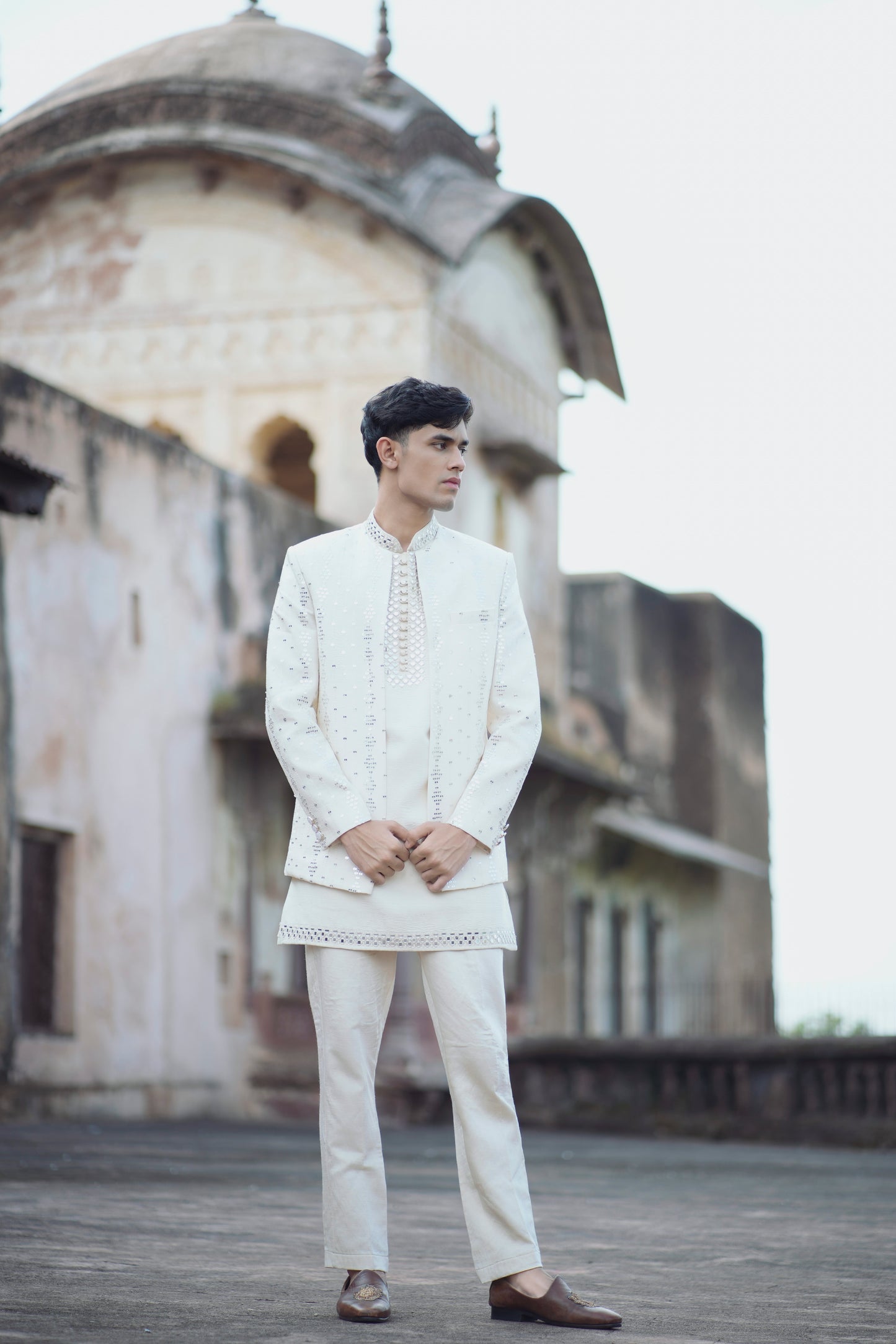 Ivory Mirror Work Shrug Set Paired with Matching Short Kurta and Tapered Pants