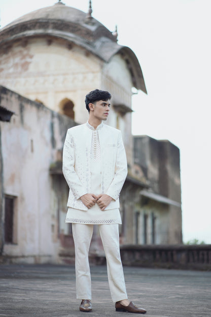 Ivory Mirror Work Shrug Set Paired with Matching Short Kurta and Tapered Pants