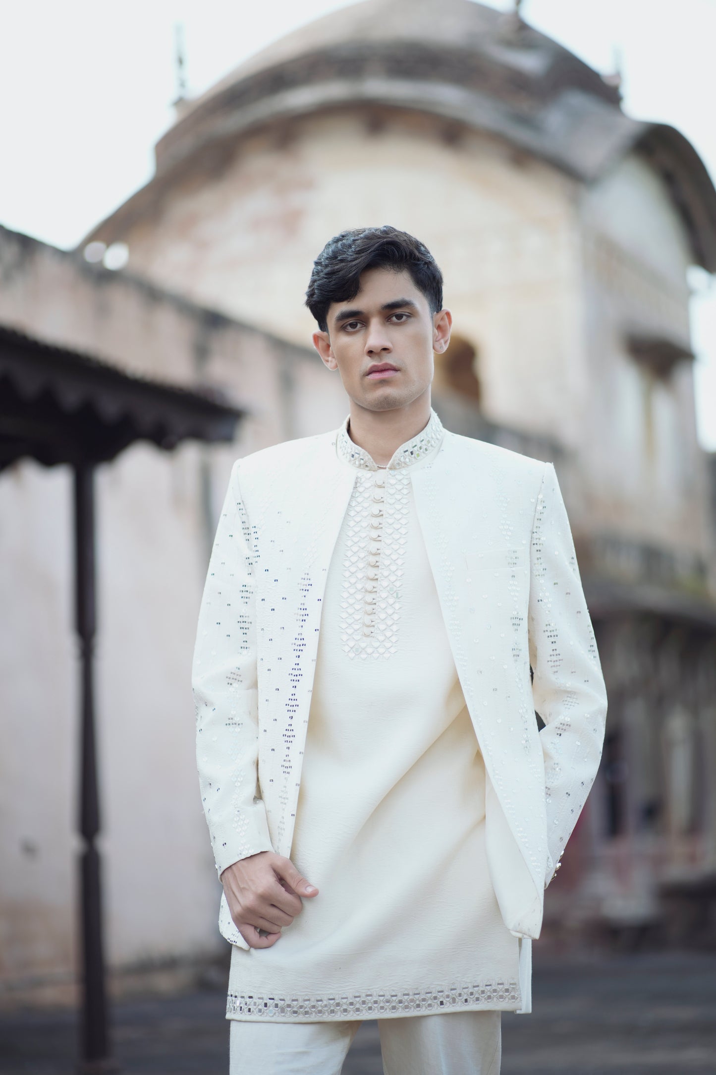 Ivory Mirror Work Shrug Set Paired with Matching Short Kurta and Tapered Pants
