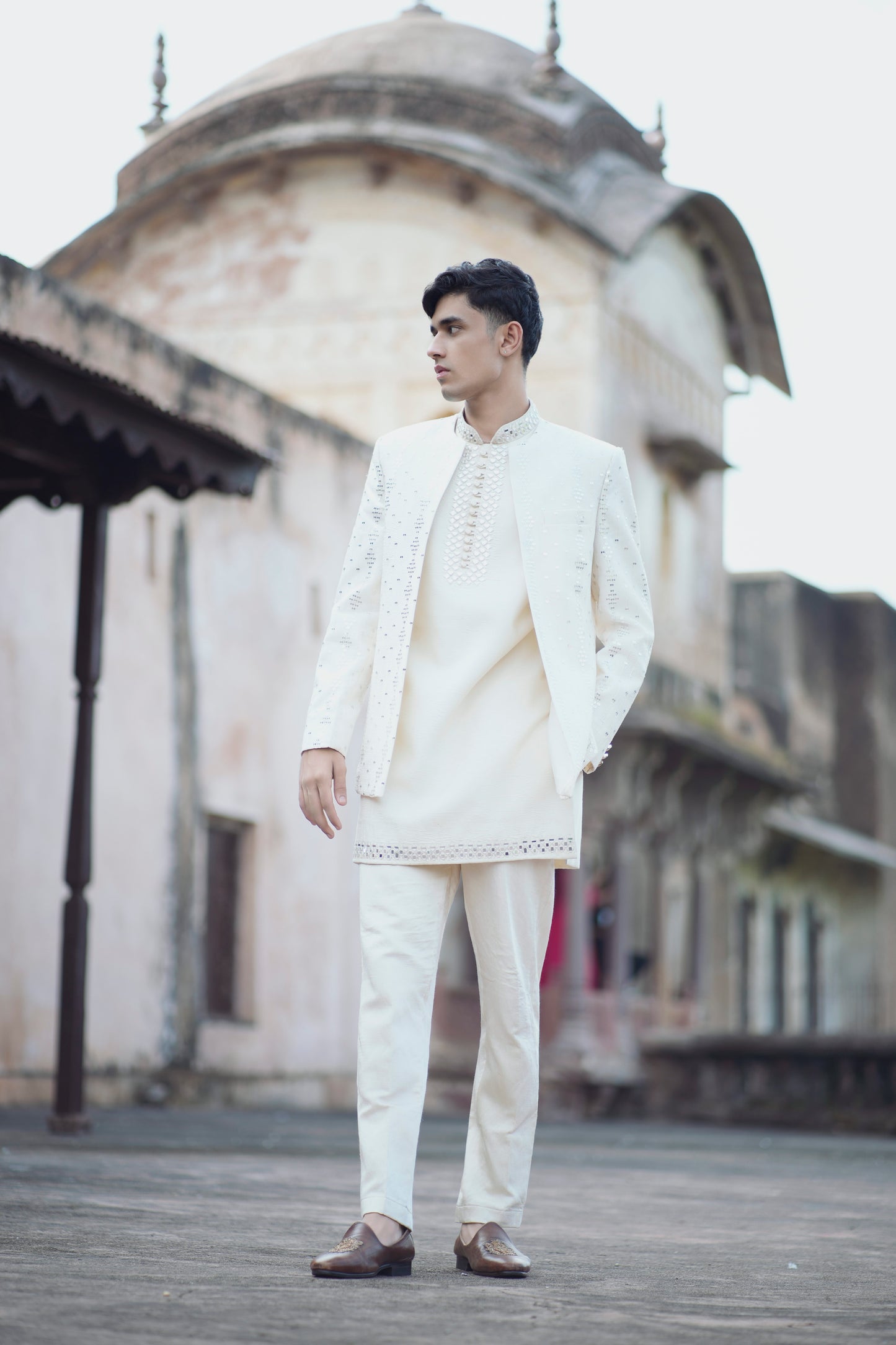 Ivory Mirror Work Shrug Set Paired with Matching Short Kurta and Tapered Pants