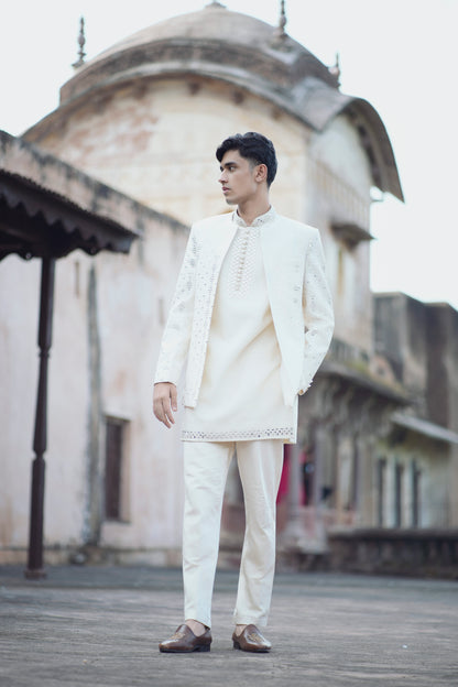 Ivory Mirror Work Shrug Set Paired with Matching Short Kurta and Tapered Pants