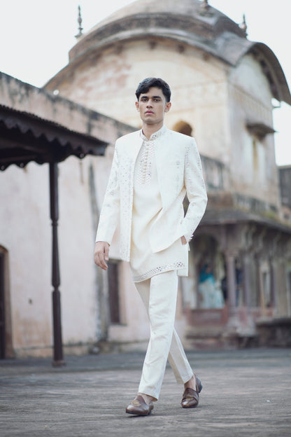 Ivory Mirror Work Shrug Set Paired with Matching Short Kurta and Tapered Pants