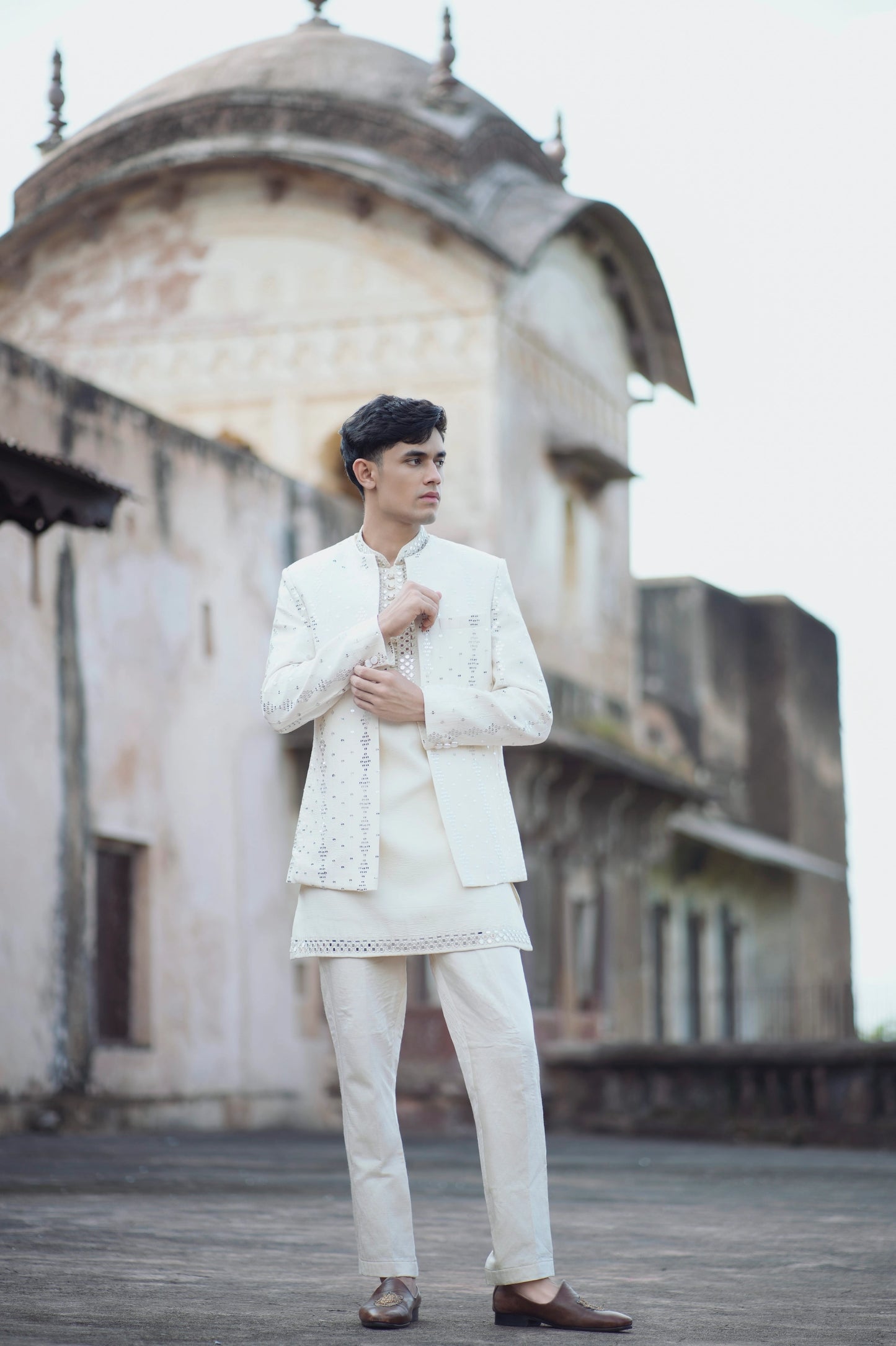 Ivory Mirror Work Shrug Set Paired with Matching Short Kurta and Tapered Pants