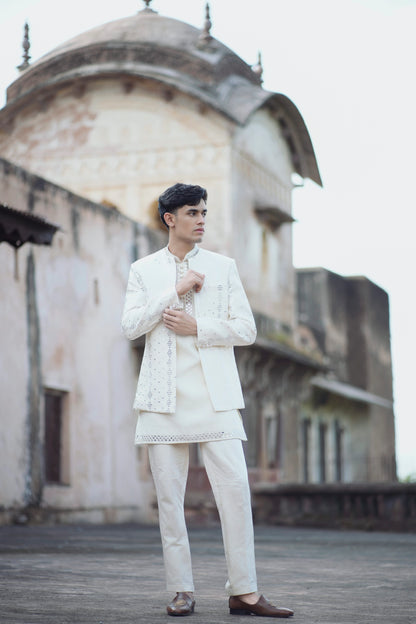 Ivory Mirror Work Shrug Set Paired with Matching Short Kurta and Tapered Pants