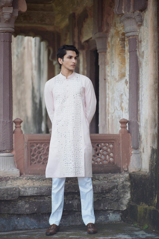 Pink Kurta with Original Mirror Work Embroidery, Paired with White Pants