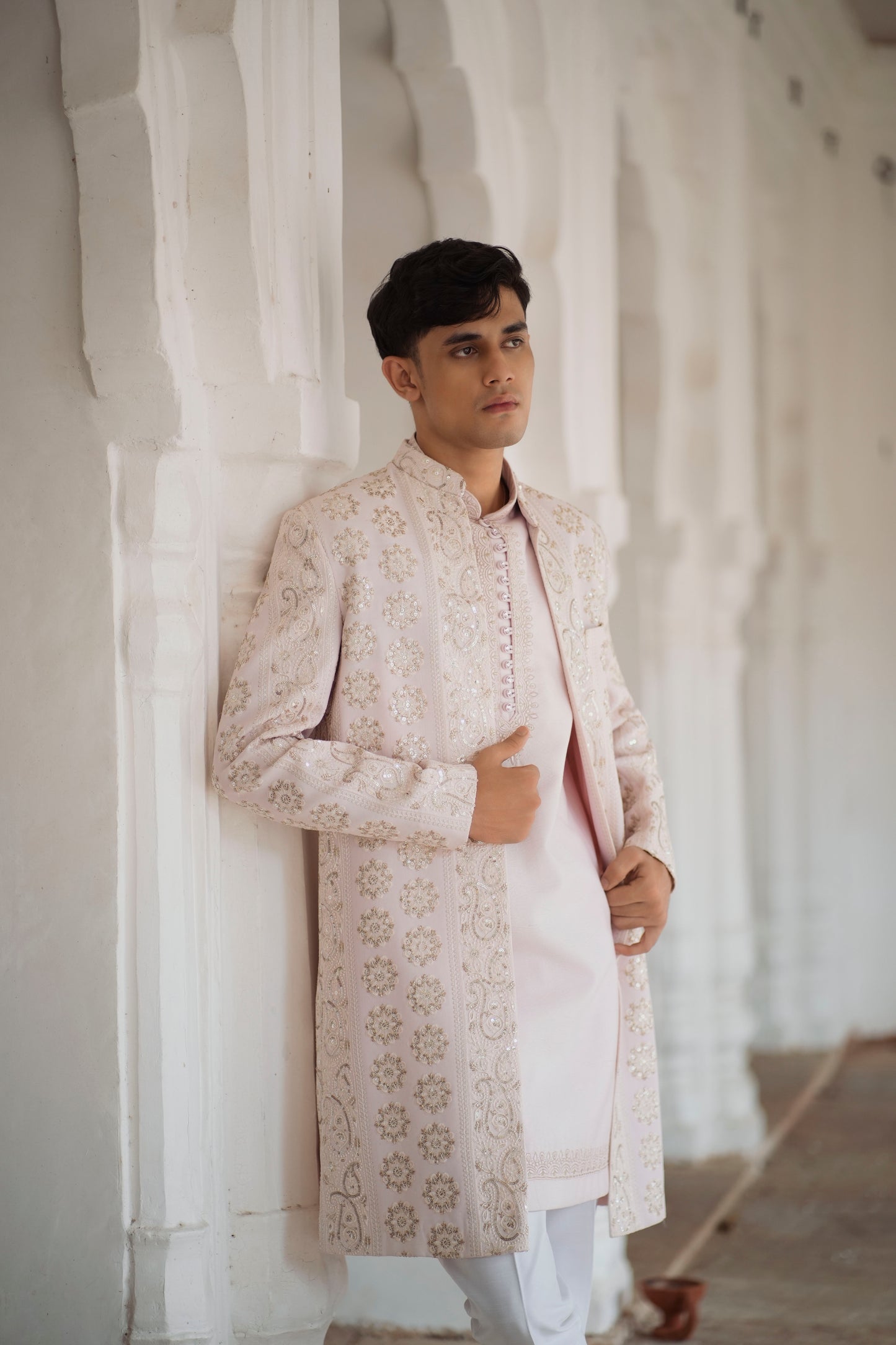 Elegant Powder Pink Open Indo-Western with Sleeveless Jacket and Resham Embroidery, Paired with White Pants