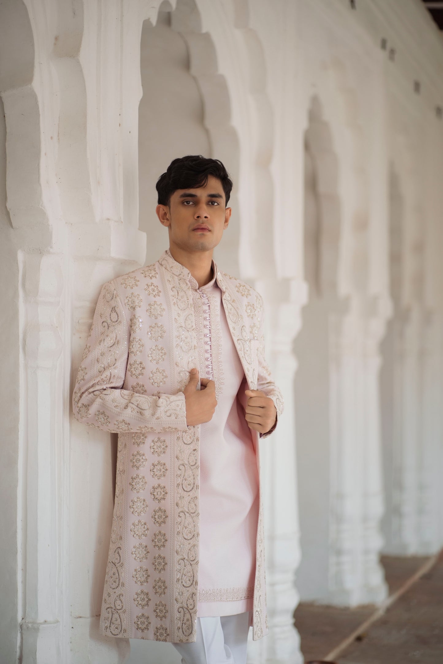 Elegant Powder Pink Open Indo-Western with Sleeveless Jacket and Resham Embroidery, Paired with White Pants
