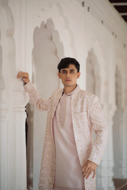 Elegant Powder Pink Open Indo-Western with Sleeveless Jacket and Resham Embroidery, Paired with White Pants