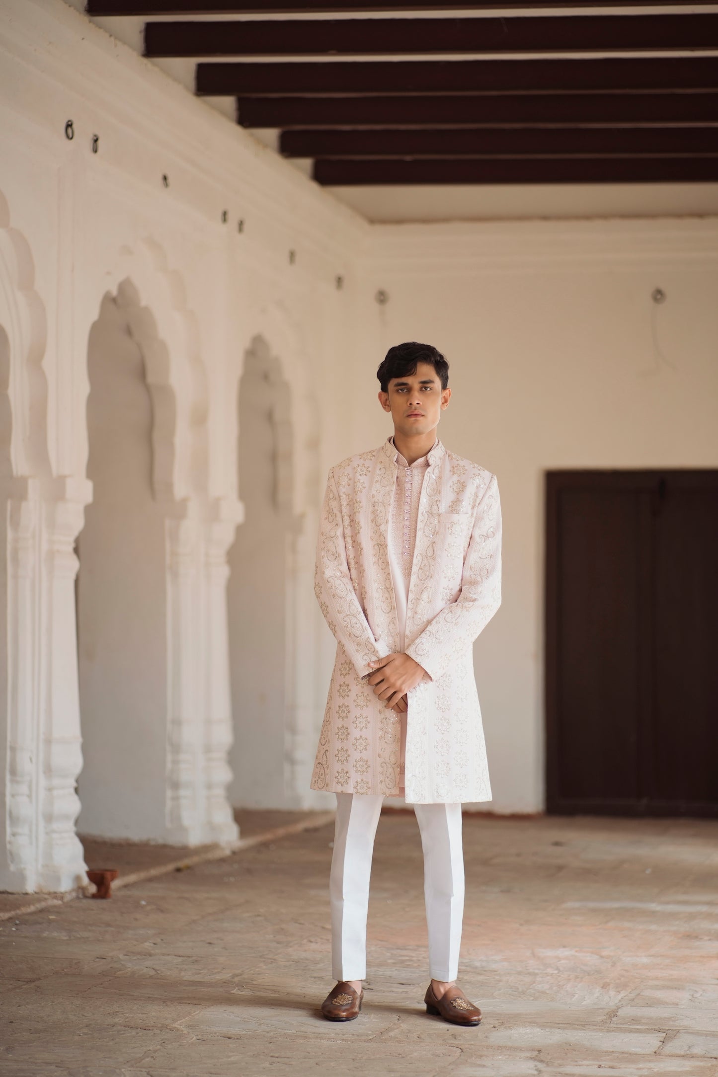 Elegant Powder Pink Open Indo-Western with Sleeveless Jacket and Resham Embroidery, Paired with White Pants