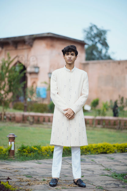 Rose Gold Sherwani with Mirror, Pearl, and Sequin Embellishments