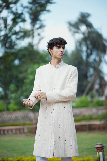 Rose Gold Sherwani with Mirror, Pearl, and Sequin Embellishments