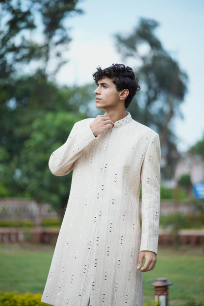 Rose Gold Sherwani with Mirror, Pearl, and Sequin Embellishments