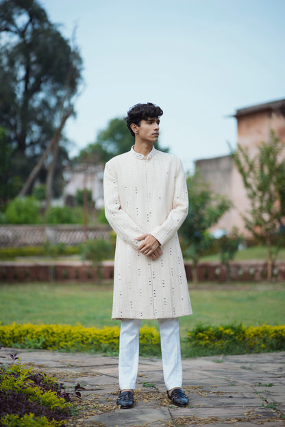 Rose Gold Sherwani with Mirror, Pearl, and Sequin Embellishments