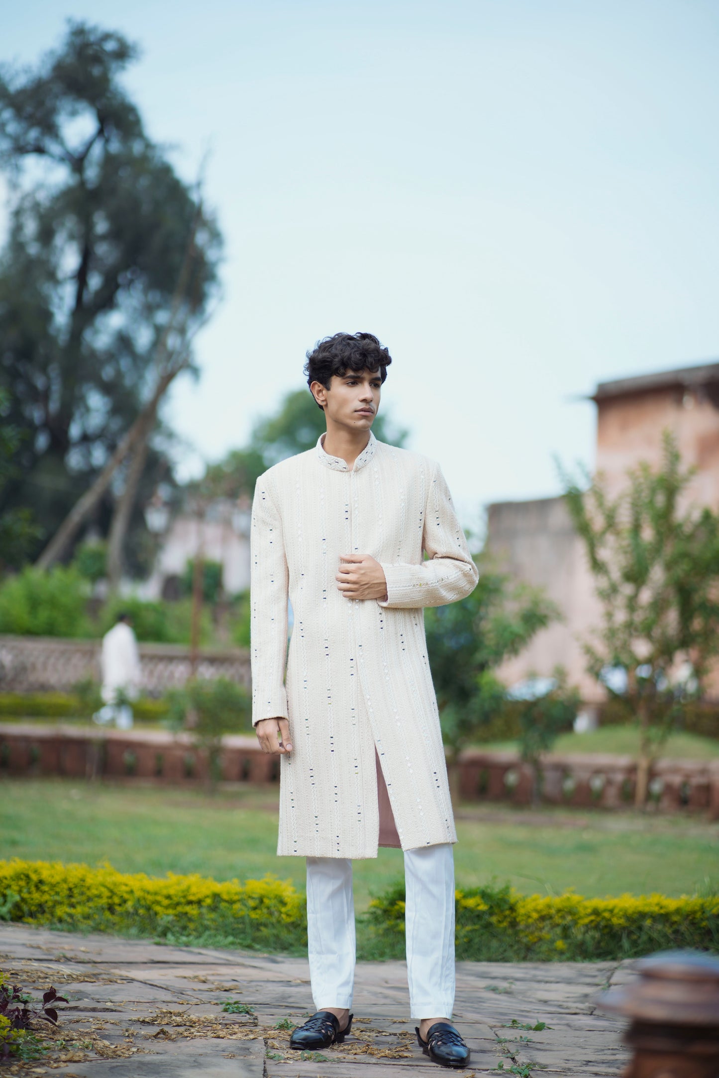 Rose Gold Sherwani with Mirror, Pearl, and Sequin Embellishments