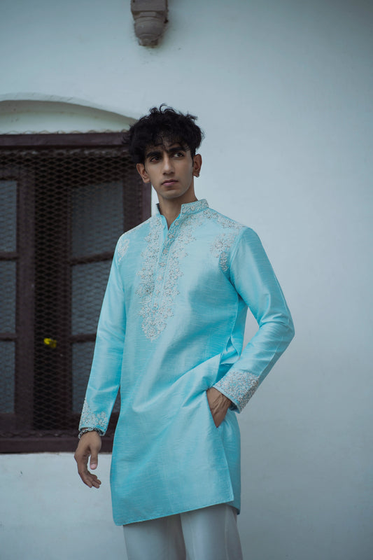 Designer Sky Blue Silk Kurta Adorned with White Cutdana and Pearl Detailing
