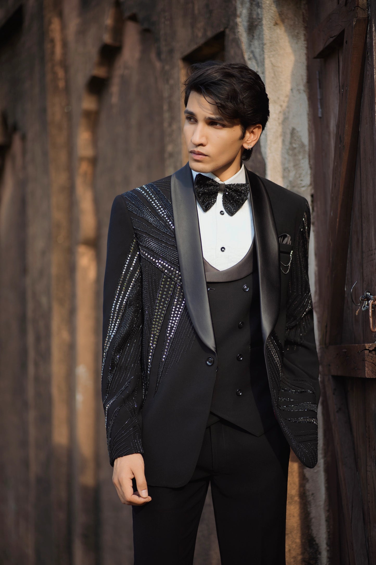 Luxury Sparkle Black Tuxedo with Intricate Mirror and Zardozi Embroidery