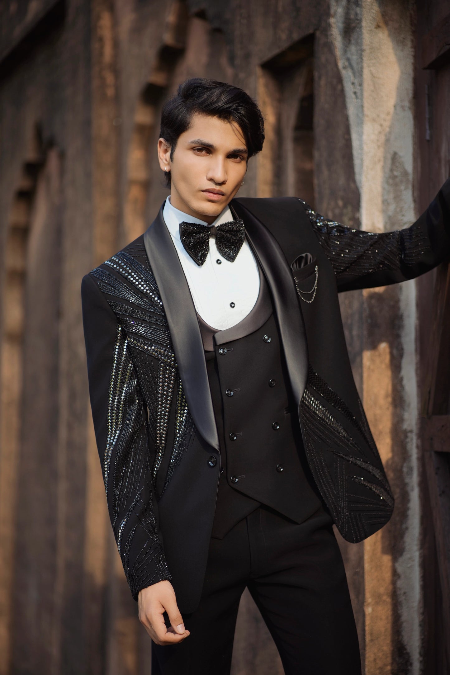 Luxury Sparkle Black Tuxedo with Intricate Mirror and Zardozi Embroidery