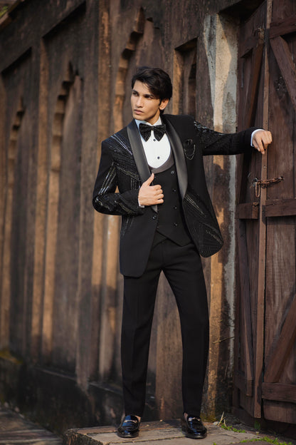 Luxury Sparkle Black Tuxedo with Intricate Mirror and Zardozi Embroidery