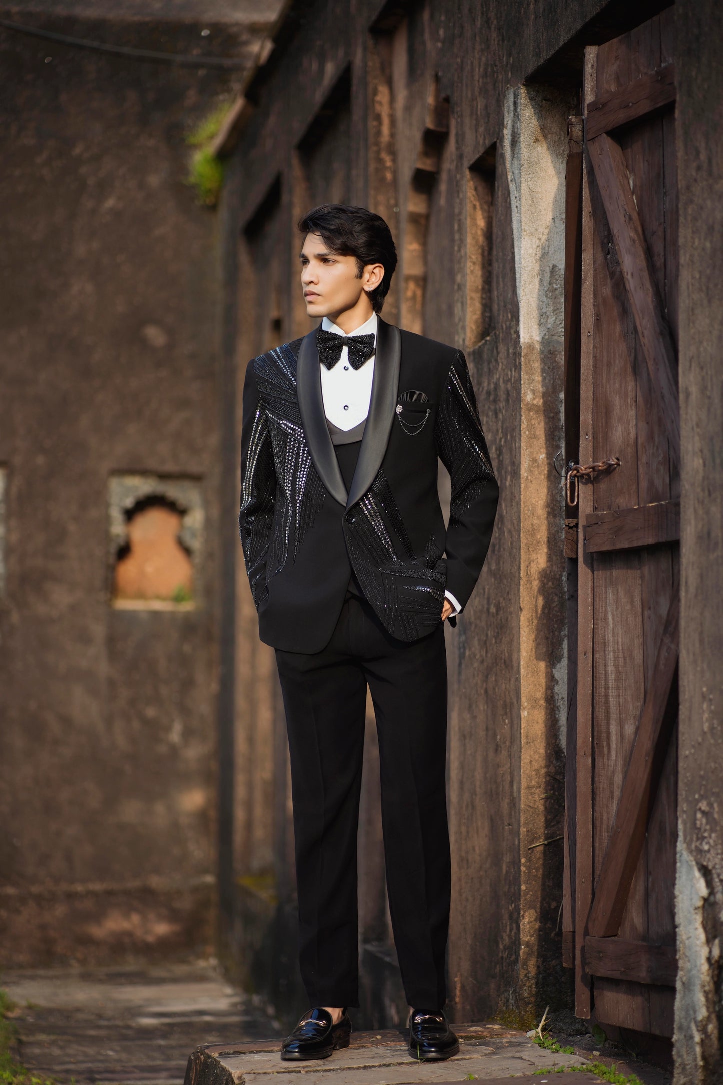 Luxury Sparkle Black Tuxedo with Intricate Mirror and Zardozi Embroidery