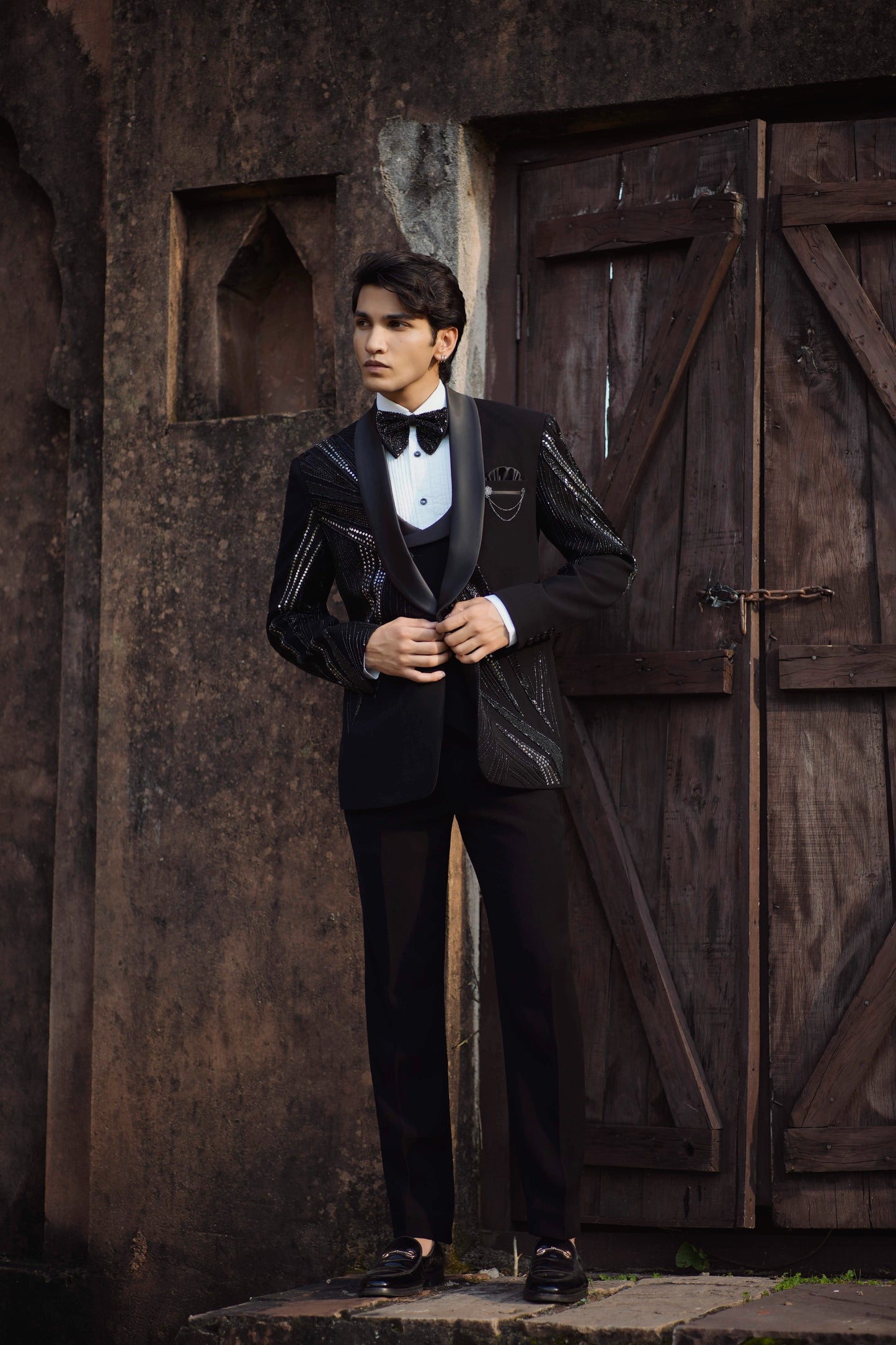 Luxury Sparkle Black Tuxedo with Intricate Mirror and Zardozi Embroidery