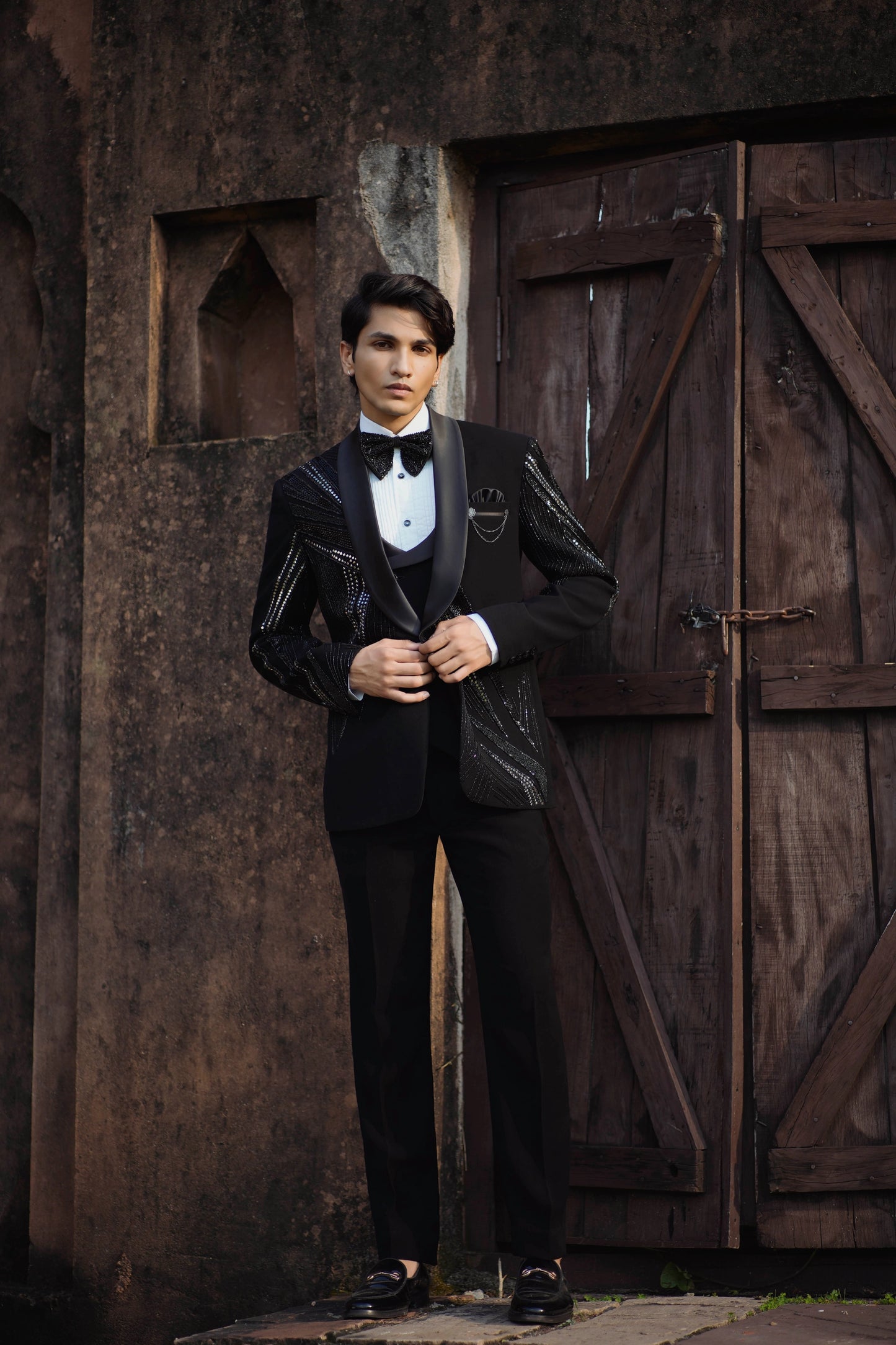 Luxury Sparkle Black Tuxedo with Intricate Mirror and Zardozi Embroidery