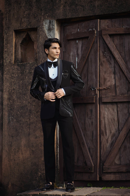 Luxury Sparkle Black Tuxedo with Intricate Mirror and Zardozi Embroidery