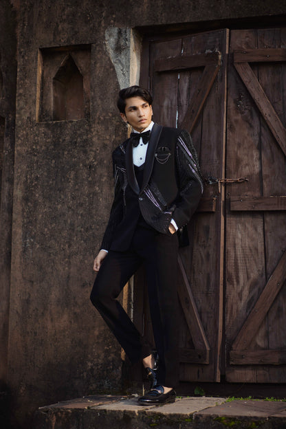 Luxury Sparkle Black Tuxedo with Intricate Mirror and Zardozi Embroidery
