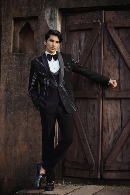 Luxury Sparkle Black Tuxedo with Intricate Mirror and Zardozi Embroidery