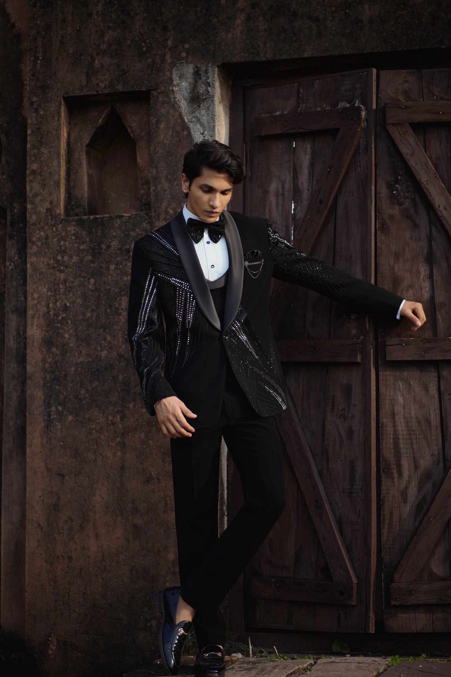 Luxury Sparkle Black Tuxedo with Intricate Mirror and Zardozi Embroidery