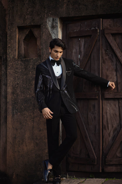 Luxury Sparkle Black Tuxedo with Intricate Mirror and Zardozi Embroidery