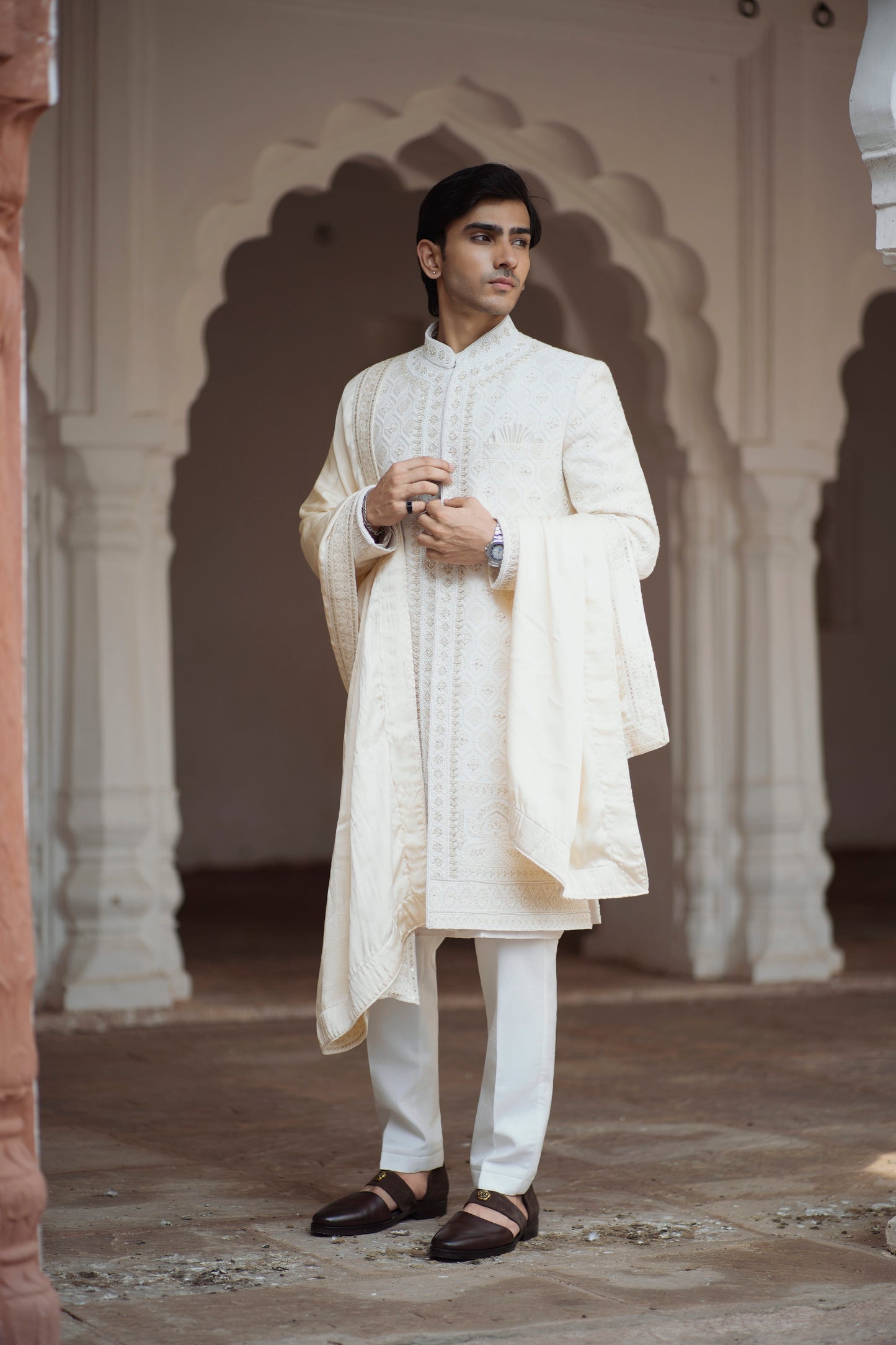 Ivory Chikankari Sherwani with Zardozi and Zari Work, Paired with Kurta and Straight Pants