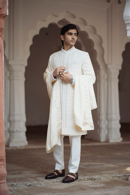 Ivory Chikankari Sherwani with Zardozi and Zari Work, Paired with Kurta and Straight Pants