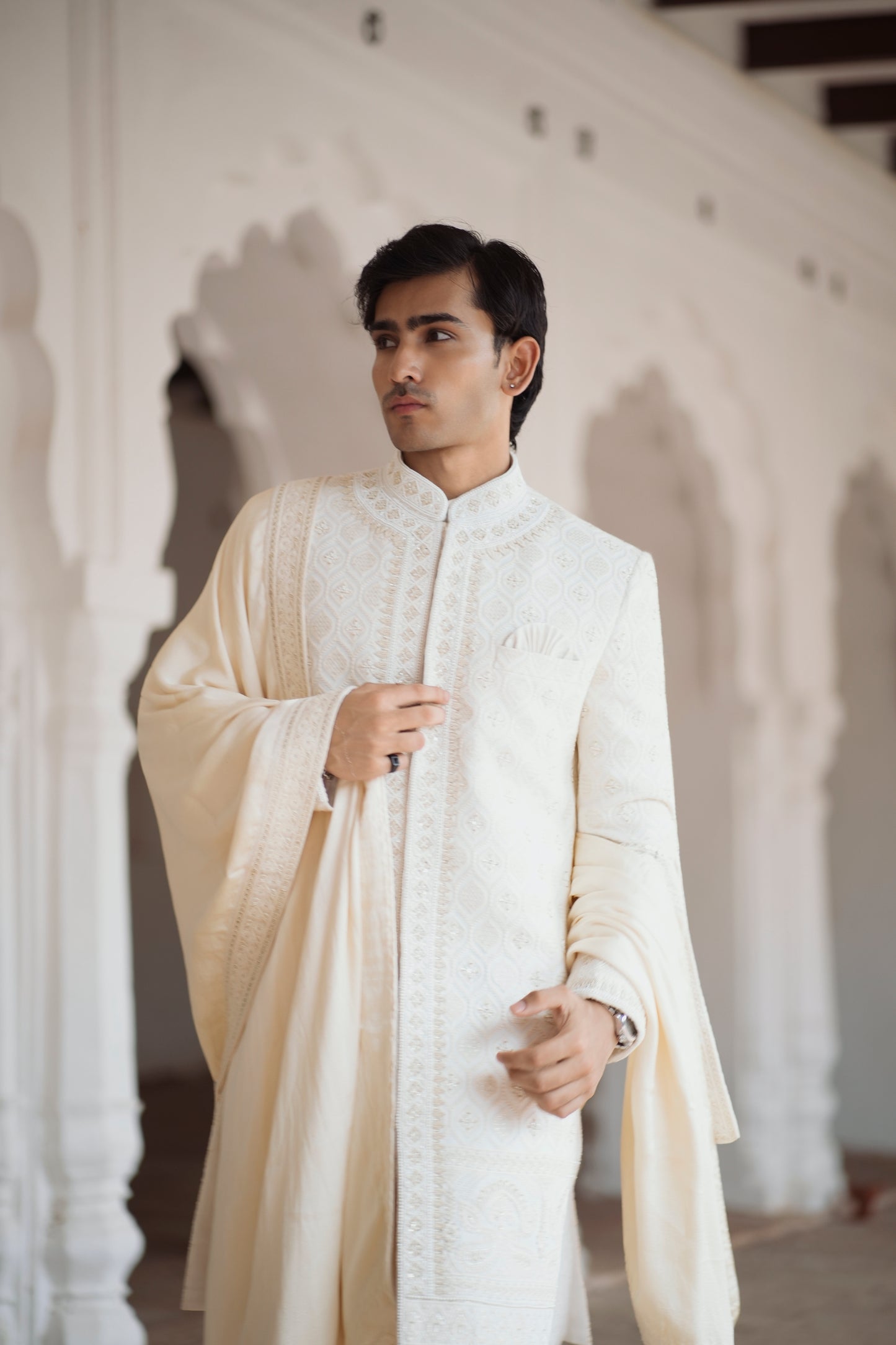 Ivory Chikankari Sherwani with Zardozi and Zari Work, Paired with Kurta and Straight Pants