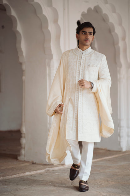 Ivory Chikankari Sherwani with Zardozi and Zari Work, Paired with Kurta and Straight Pants