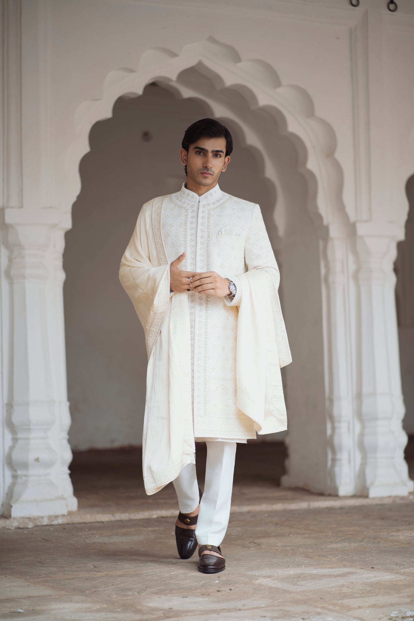 Ivory Chikankari Sherwani with Zardozi and Zari Work, Paired with Kurta and Straight Pants