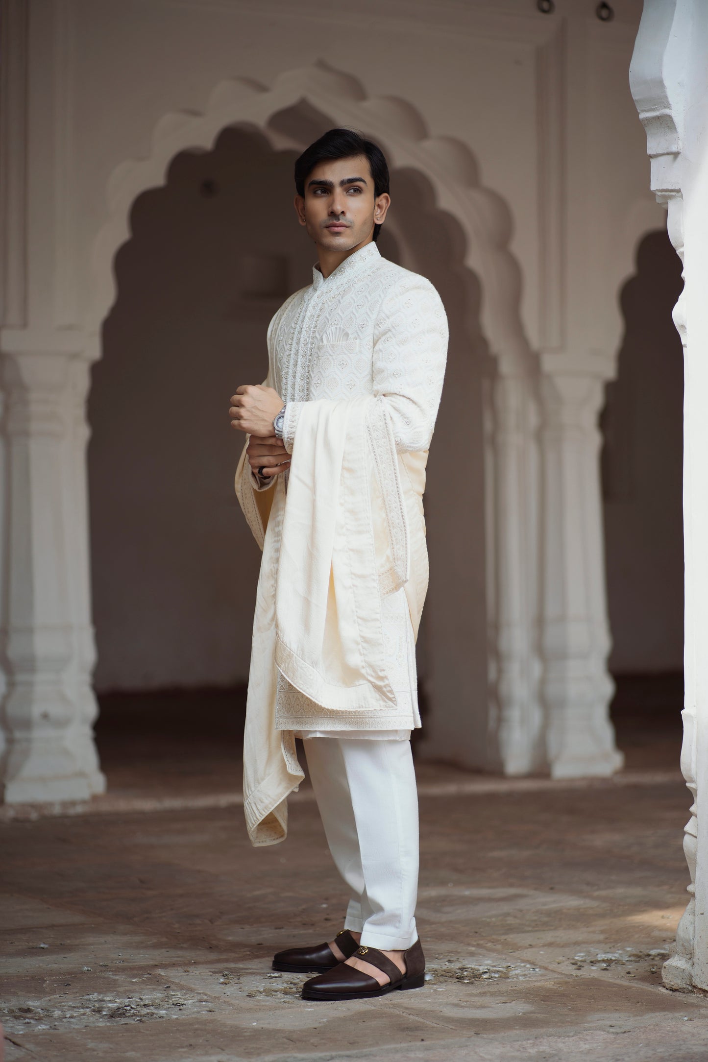 Ivory Chikankari Sherwani with Zardozi and Zari Work, Paired with Kurta and Straight Pants