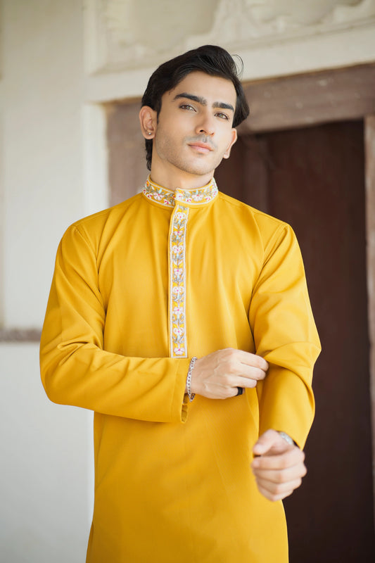 Sunshine yellow kurta for men with premium silk fabric